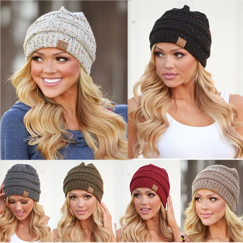 Soft Confetti Speckled Winter Beanie Hat For Women Men Warm Slouchy Acrylic Knit Cap Outdoor Fold Brim Faux Leather Patch