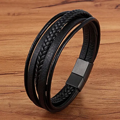 Pulsera De Cuero Multicapa Para Hombre Con Cierre Magnético De Acero Inoxidable Pulsera Trenzada Retro Estilo Punk