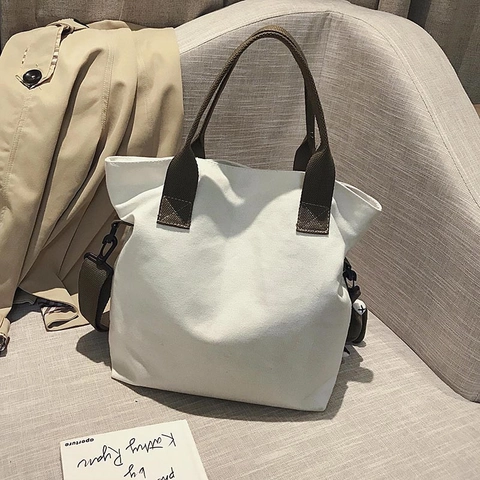 Women Canvas Tote Shoulder Bag Large Capacity Multi Pockets Casual Student Handbag With Cute Animal Pendant