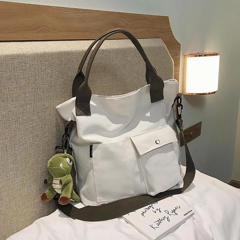 Women Canvas Tote Shoulder Bag Large Capacity Multi Pockets Casual Student Handbag With Cute Animal Pendant