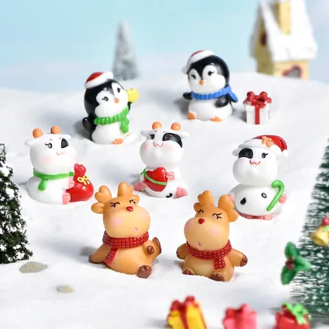 Christmas Miniature Animals Figurines Resin Cartoon Reindeer Penguin Desktop Ornaments DIY Micro Landscape Decor