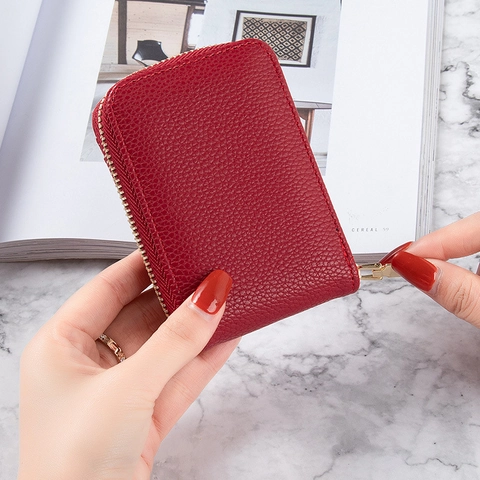 Mini Porte Cartes Cuir PU Motif Litchi Anti Vol RFID Portefeuille Fermeture Éclair Avec Fenêtre ID Petit Porte Monnaie Femme