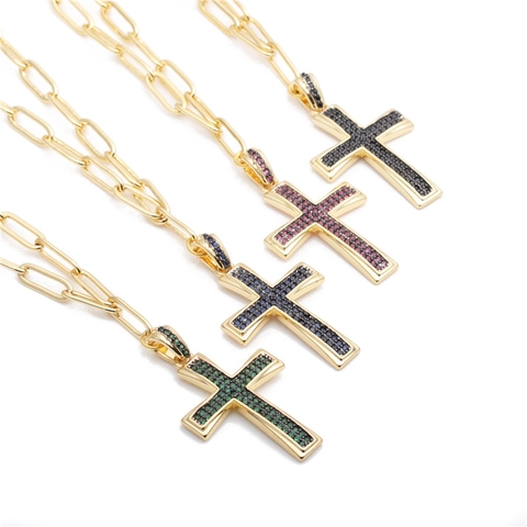 Collier Pendentif Croix Hip Hop Cuivre Avec Micro Pavé Zircon Chaîne Trombone Bijoux De Mode