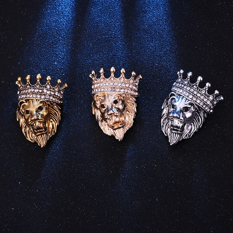Vintage Lion Head Brooch With Crown Rhinestones Zinc Alloy Mens Suit Lapel Pin Retro Animal Relief Jewelry