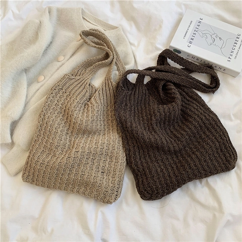 Knitted Woven Tote Bag Large Capacity Crochet Handbag Soft Shoulder Bag Minimalist Elegant Versatile For Women