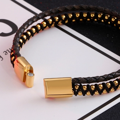 Bracciale Uomo Doppio Strato Pelle Intrecciata Perline Acciaio Inossidabile Chiusura Magnetica Minimalista Retro
