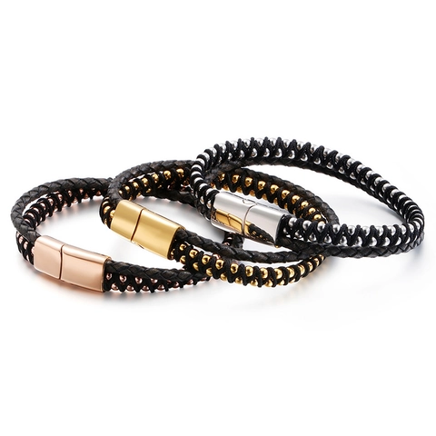 Double Layer Men Bracelet Braided Leather Cord Stainless Steel Beads Magnetic Clasp Minimalist Retro Fashion Bangle