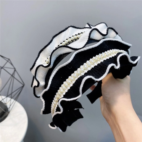 Gestricktes Stirnband Mit Rüschenrand Künstliche Perlen Französisches Elegantes Haarband Für Damen Retro Stoff Accessoire Modisch