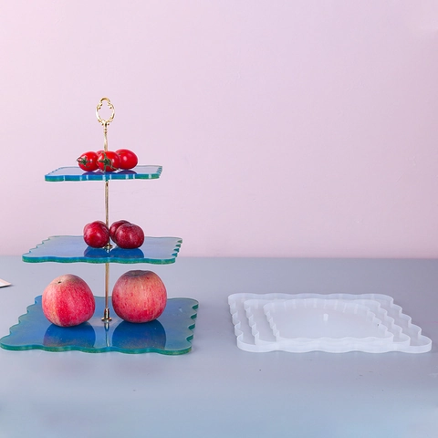 Square Wavy Edge Silicone Molds For DIY Epoxy Resin Tray Cake Dessert Stand Fruit Plate With Metal Bracket