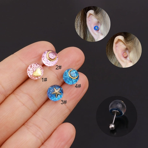 Stainless Steel Ear Cartilage Stud Earrings Resin Glitter Star Moon Heart Patterns Ball Screw Back Piercing Jewelry