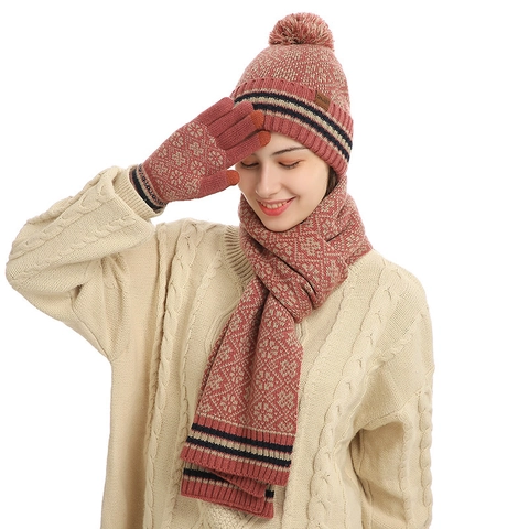Winter Warm 3-Piece Set For Women Men Knit Pom Pom Hat Long Scarf Touchscreen Gloves Snowflake Jacquard Acrylic Thermal Accessories