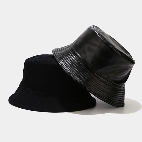 Retro Faux Leather Bucket Hat Waterproof Windproof Wide Brim Sunshade Fashion Unisex Solid Color Accessory