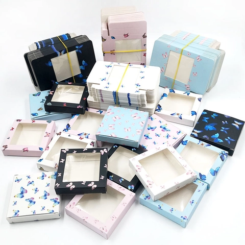 Butterfly Pattern False Eyelash Packaging Box Square Cardboard Lash Storage Case With Transparent Window Makeup Organizer