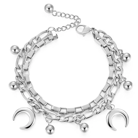 Double Layer Stainless Steel Bracelet With Crescent Moon Pendant And Round Beads Adjustable Fashion Jewelry For Women