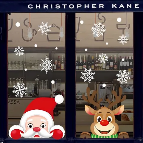 Autocollants Fenêtre Noël PVC Statique Père Noël Renne Flocons Neige Décalcomanies Pour Porte Verre Magasin Maison Decor