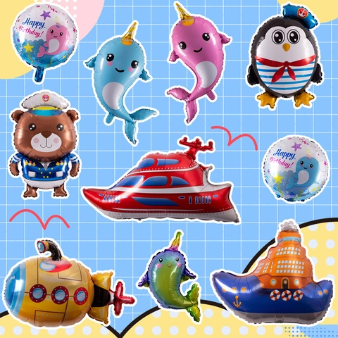 Nautical Ocean Foil Balloons Pirate Ship Submarine Speedboat Narwhal Shapes For Birthday Party Kids Mylar Balloons