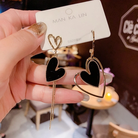 Orecchini Pendenti Cuore Asimmetrici Con Perno In Argento Sterling 925 Lega Nero Oro Cavo Tendenza Elegante