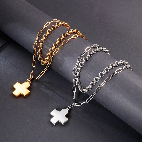 Dubbele Laag Kruis Hanger Ketting Roestvrij Staal Spiegel Gepolijst Paperclip Rolo Ketting Minimalistische Sieraden