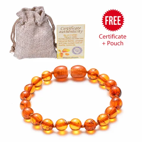 Natural Baltic Amber Bracelet Round Bead Teething Relief With Screw Safety Clasp For Baby Infants Toddlers