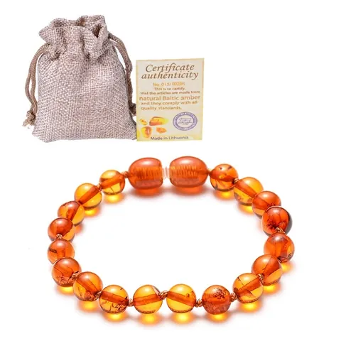 Natural Baltic Amber Bracelet Round Bead Teething Relief With Screw Safety Clasp For Baby Infants Toddlers
