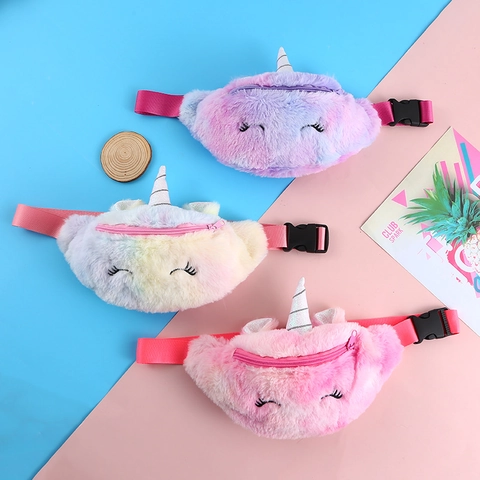 Kids Plush Unicorn Fanny Pack Gradient Rainbow Color Cartoon Animal Waist Bag Adjustable Strap For Girls Casual Travel