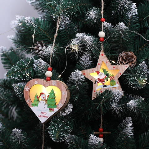 Christmas Wooden LED Hanging Ornaments Glowing Wood Pendants With Pinecone For Holiday Tree Decoration Home Decor