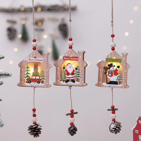 Christmas Wooden LED Hanging Ornaments Glowing Wood Pendants With Pinecone For Holiday Tree Decoration Home Decor