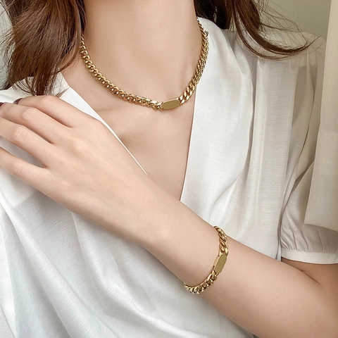 Collar Y Pulsera De Cadena De Eslabones Cubanos Con Colgante De Placa ID Rectangular De Acero Inoxidable Chapado En Oro