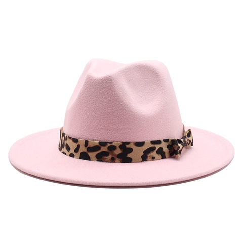 Fedora Hat For Men Women Woolen Felt Wide Flat Brim Leopard Print Band Bow Decor Vintage Jazz Style Fashion Accessory