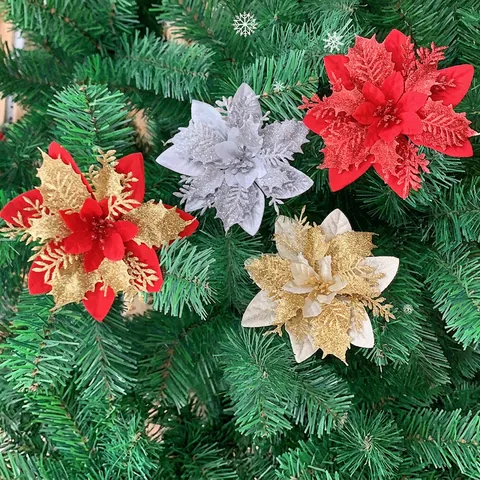 Artificial Christmas Poinsettia Flowers Glitter Triple Layer Fabric Plastic Xmas Tree Wreath Decoration Sparkling Ornaments