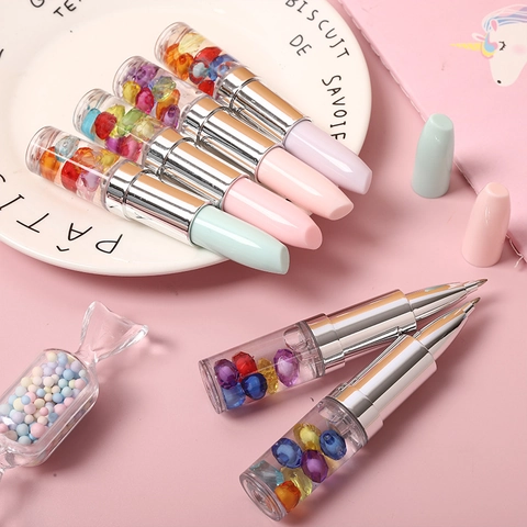 Penna Gel A Forma Di Rossetto Carina Glitter Perla Artificial Decorativa Punta Fine Inchiostro Nero Cancelleria Per Ragazze