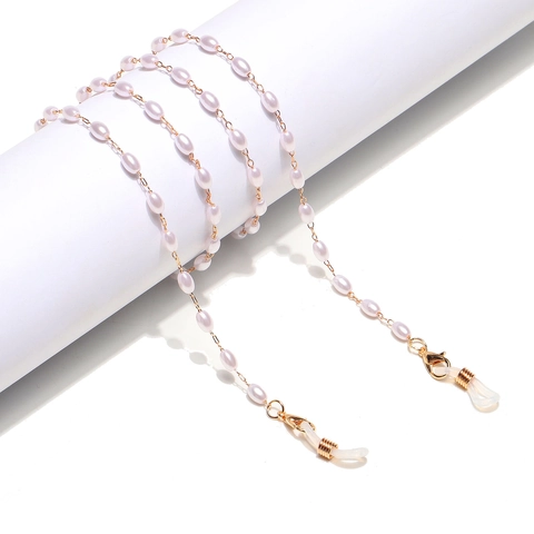Golden Copper Glasses Chain With Rice Shape Imitation Artificial Pearls Anti-lost Mask Lanyard Holder Elegant For Women Girls