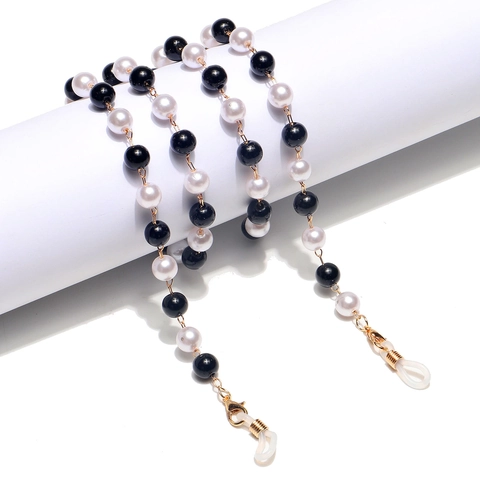 Handgemaakte Mode Zwart Wit Imitatieparel Brillenketting Met Metalen Karabijnsluiting En Siliconen Antislip Lussen