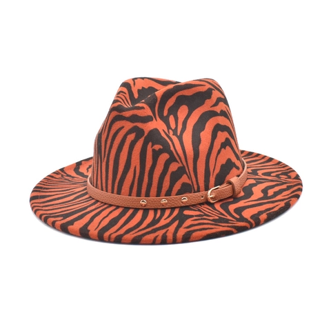 Cappello Fedora Vintage Con Stampa Zebra In Feltro Di Lana Tesa Larga Jazz Con Fascia In Ecopelle E Borchie