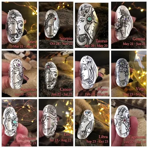 Anello In Lega Vintage Segni Zodiacali Costellazione Ritratto Intagliato Pietra Preziosa Sintetica Bohemien Retro Gioielli Donna
