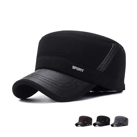 Berretto Cadet Uomo Cotone Visiera Pelle PU Paraorecchie Inverno Caldo Antivento Militare Cappello Piatto Regolabile Stile Sportivo