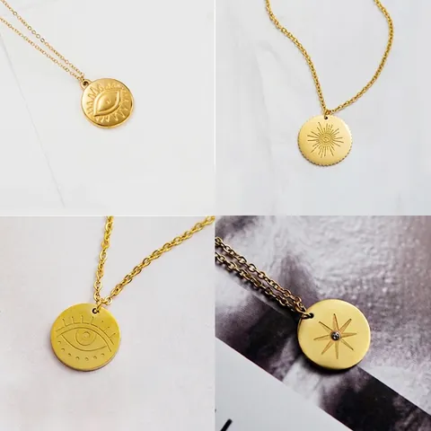 Collana Pendente Occhio Del Male Sole Acciaio Inossidabile Placcato Oro Medaglia Rotonda Gioielli Boho Vintage Per Donne