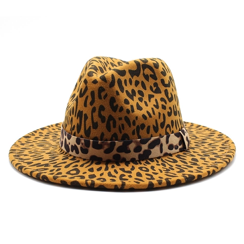 Leopard Print Fedora Hat Woolen Felt Wide Brim Jazz Hat Vintage Style For Men Women Autumn Winter