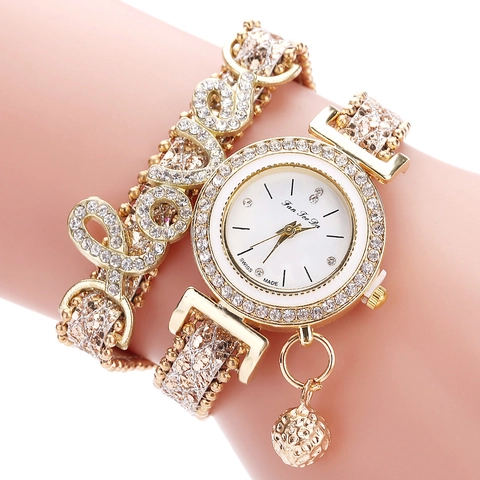 Women Fashion Quartz Bracelet Watch Rhinestone LOVE Letter Wrap Around PU Leather Strap Alloy Case Ball Pendant Jewelry Watch
