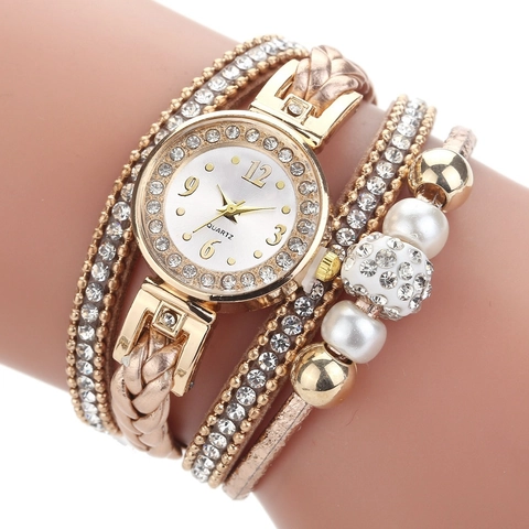 Boheemse Meerlaagse Wikkelarmband Horloge Voor Vrouwen Luxe Strass Parel Kralen PU Leren Band Quartz Polshorloge