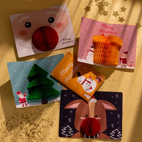3D Pop Up Christmas Greeting Cards With Envelopes And Stickers Cartoon Honeycomb Holiday Blessing Cards For Kids Family
