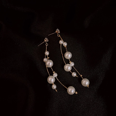 Long Tassel Artificial Pearl Drop Earrings Alloy Rhinestone Elegant Versatile Fashion Jewelry With Silver Earring Post