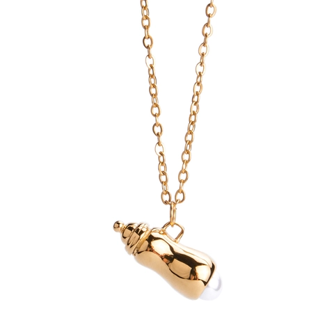 Baby Bottle Pendant Necklace Titanium Steel With Artificial Pearl Hip Hop Style Trendy Jewelry Men Women Long Chain