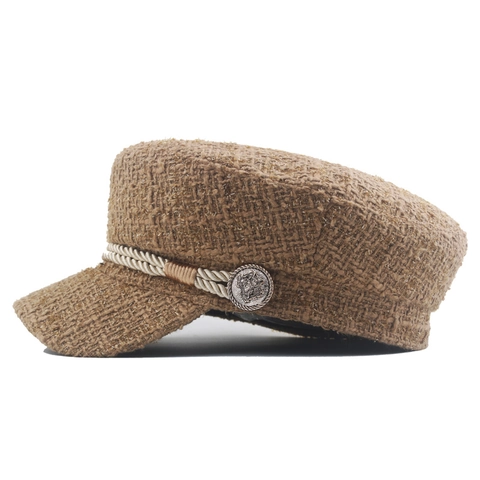 Women Vintage Tweed Newsboy Cap Autumn Winter Warm Navy Hat With Braided Rope Metal Button British Style Flat Top Beret