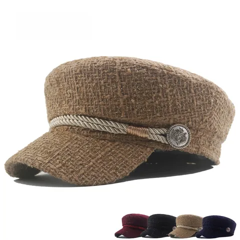 Women Vintage Tweed Newsboy Cap Autumn Winter Warm Navy Hat With Braided Rope Metal Button British Style Flat Top Beret