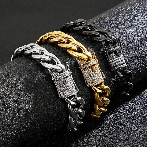 Collar Y Pulsera De Cadena De Eslabones Cubanos Para Hombre De Acero Inoxidable 316L Con Hebilla De Diamantes Hip Hop Rock