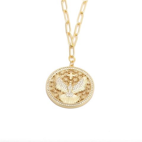 Collana Con Ciondolo Colomba Della Pace Placcata Oro Rame Micro Zircone Croce Medaglione Rotondo Catena A Graffetta Gioielli