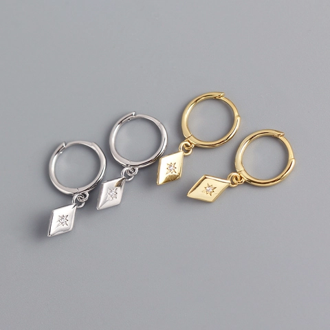 Rhombus Starburst Drop Hoop Earrings With 925 Sterling Silver Earring Post Zircon Geometric French Luxury Style Women