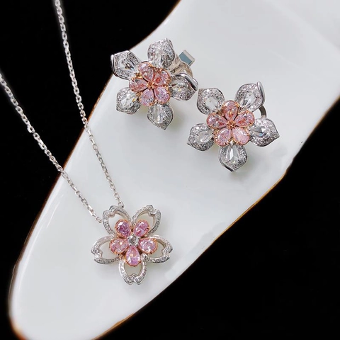 Cherry Blossom Copper Jewelry Pink Rhinestone Flower Pendant Necklace Adjustable Ring And Stud Earrings For Women