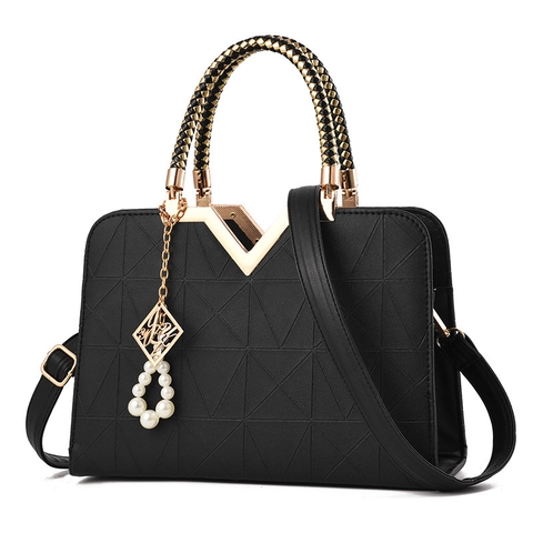 Women Fashion Handbag Geometric Triangle Embossed PU Leather V Metal Decor Woven Handle Shoulder Crossbody Purse Bag